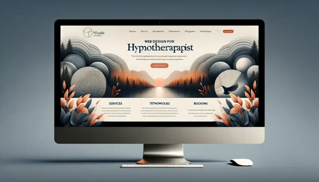 A calming and trust-inducing website design for a hypnotherapist displayed on a computer screen, showcasing a serene layout