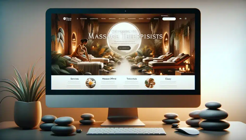 A relaxing and inviting website design for a massage therapist displayed on a computer screen, showcasing a serene layout with imagery of calm spa setting