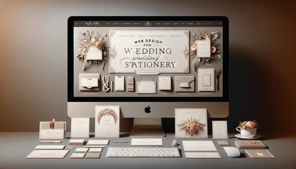 An elegant and detail-oriented website design for a wedding stationery designer displayed on a computer screen