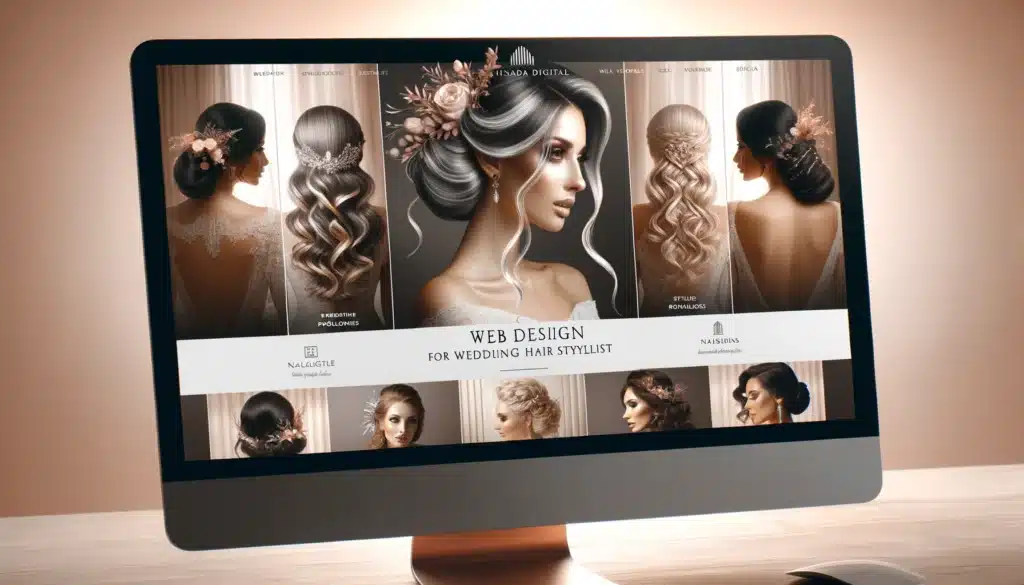 An elegant and stylish website design for a wedding hair stylist displayed on a computer screen, showcasing a sophisticated and inviting layout