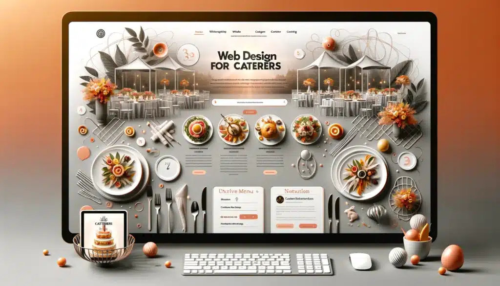 An engaging homepage design for a catering service website displayed on a desktop screen, featuring high-quality images of catering events and dishes