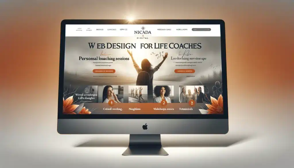 An inspiring and motivational website design for a life coach displayed on a computer screen, showcasing a clean and engaging layout