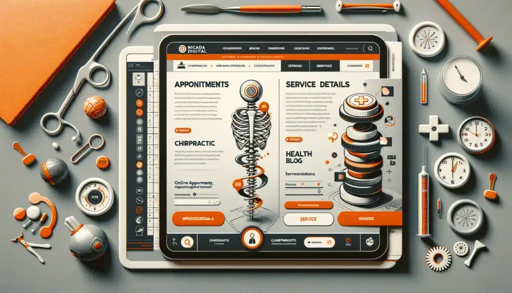 Engaging content and functionality of a chiropractor's website displayed on a digital tablet, including interactive appointment scheduling