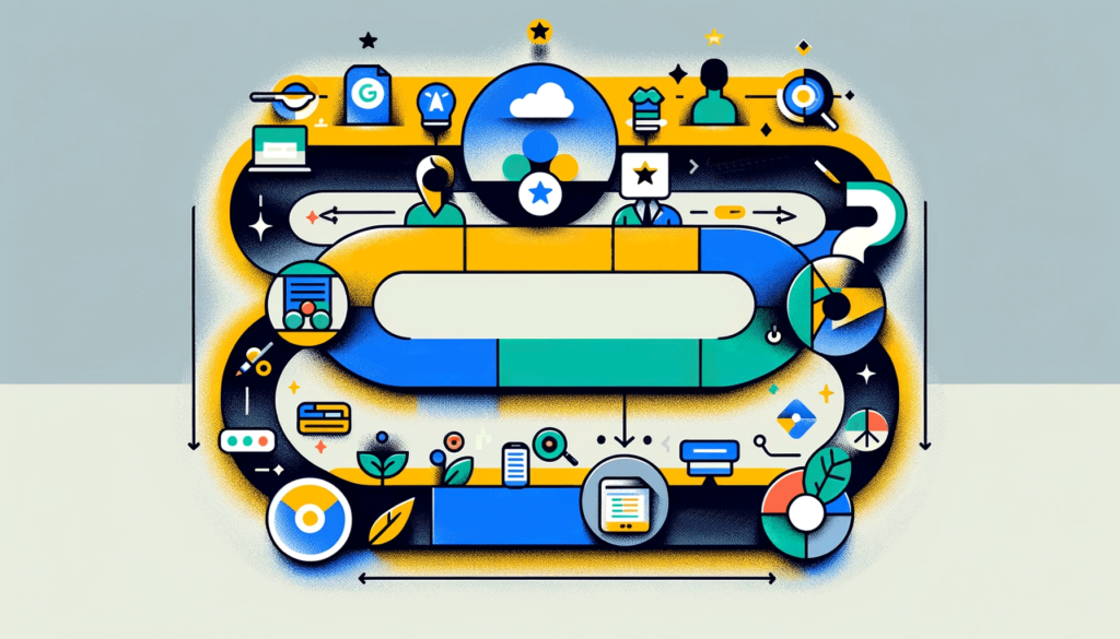 Illustration of a step-by-step, horizontal, minimalistic, and graphical interpretation of applying Google's E-E-A-T principles