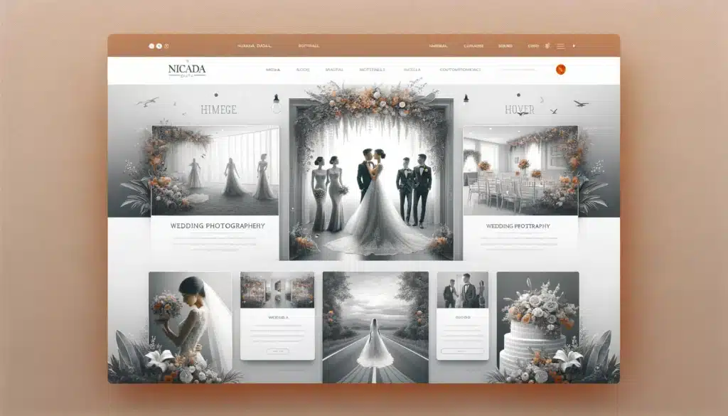 Image depicting a sophisticated web interface for wedding photographers, featuring a gallery layout showcasing beautiful wedding photos