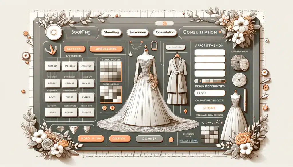 Image displaying a booking and consultation form for wedding dress designers. The form includes sections for appointment scheduling and more