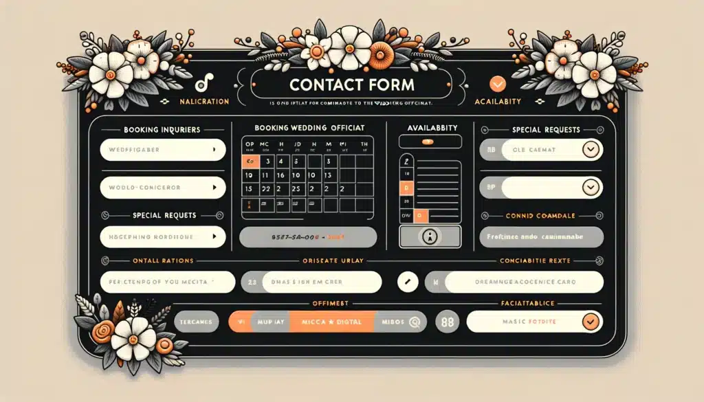 Image displaying a contact form specifically tailored for wedding officiants. Include sections for booking inquiries, special requirements etc