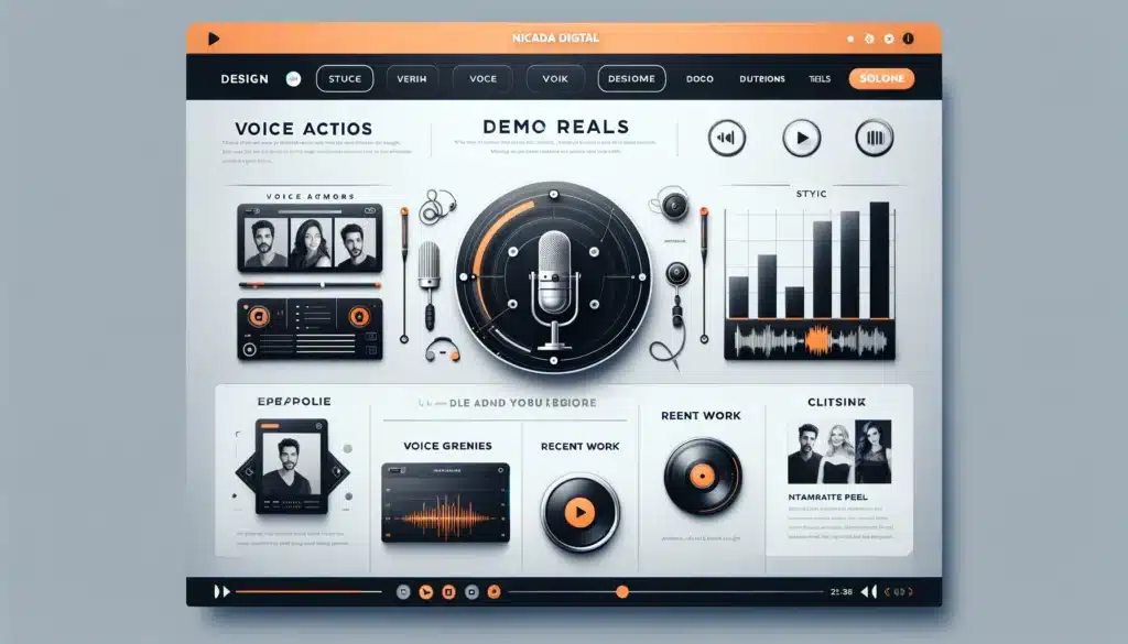 Image displaying a sleek web interface for voice actors, showcasing their portfolio and demo reels