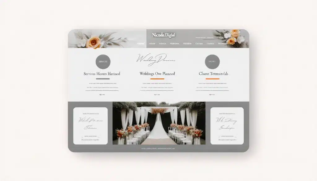 Image featuring a beautiful web interface design tailored for wedding planners. The design should showcase sections for services offered