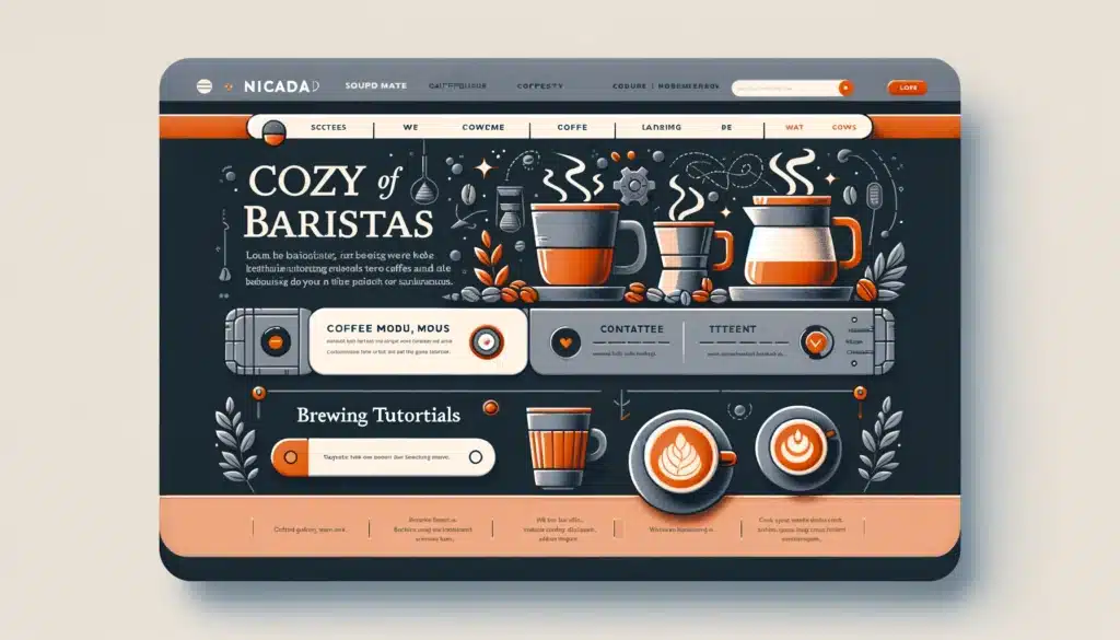 Image featuring a cozy web interface design tailored for baristas. The design should showcase sections for coffee menus, brewing tips etc