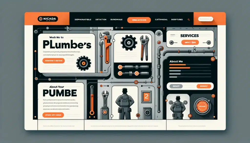 Image featuring a functional web interface design tailored for plumbers. The design should showcase sections for services offered