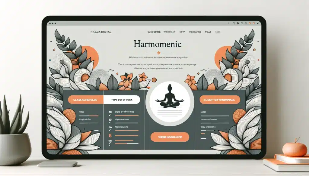 Image featuring a harmonious web interface design tailored for yoga instructors. The design should showcase sections for class schedules