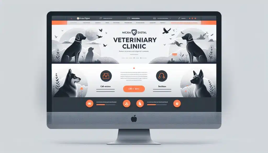 Image featuring a modern, sleek website interface on a desktop display for a veterinary clinic's homepage