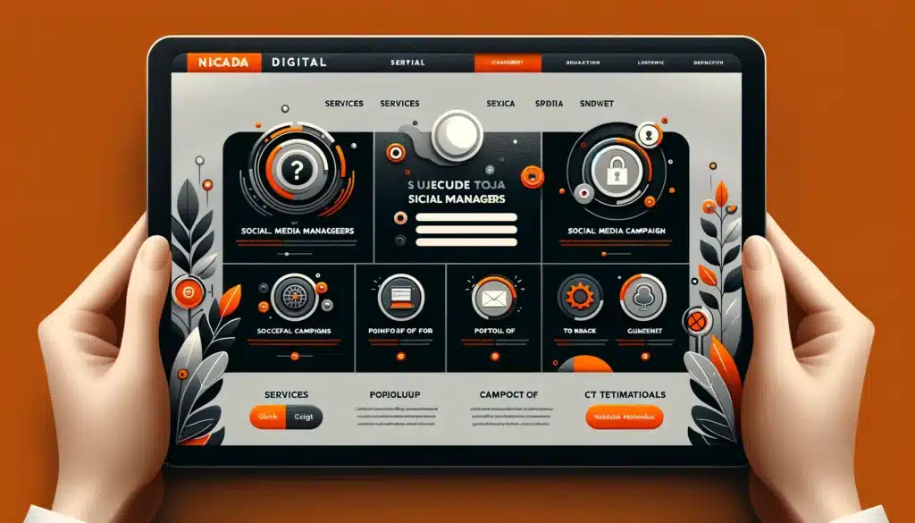 Image featuring a modern web interface design tailored for social media managers. The design should showcase sections for services offered