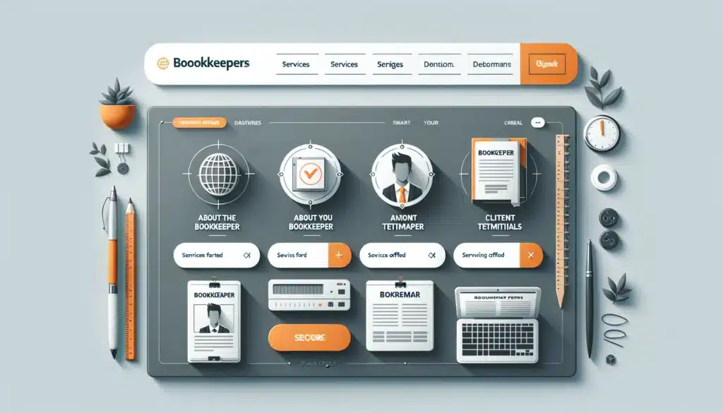 Image featuring a professional web interface design tailored for bookkeepers. The design should showcase sections for services offered