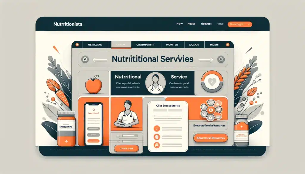 Image featuring a professional web interface design tailored for nutritionists. The design should showcase sections for nutritional advice