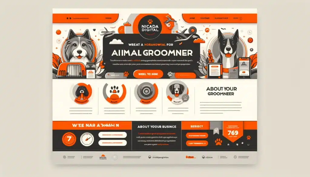 Image featuring a vibrant web interface design tailored for animal groomers. The design should showcase sections for grooming services provided