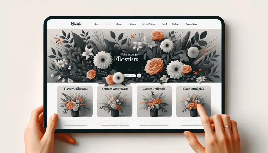 Image featuring a visually rich web interface design tailored for florists. The design should showcase sections for flower collections