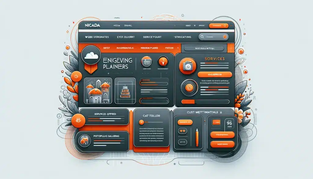 Image featuring an engaging web interface design tailored for event planners. The design should showcase sections for services offered