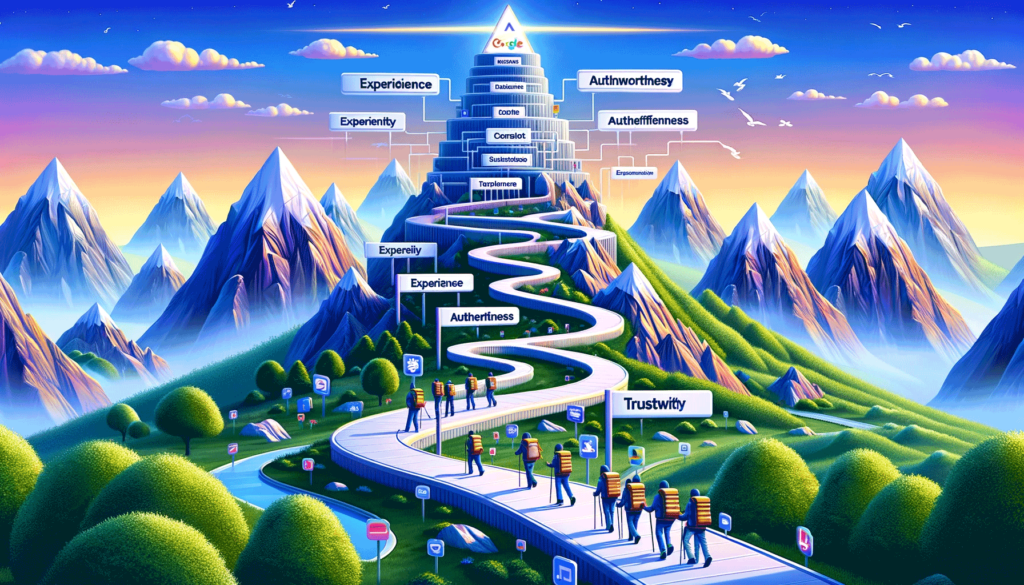 Image for 'Understanding Google's E-E-A-T Principle - Elevating Web Content Quality' depicts a landscape of digital mountainsImage for 'Understanding Google's E-E-A-T Principle - Elevating Web Content Quality' depicts a landscape of digital mountains