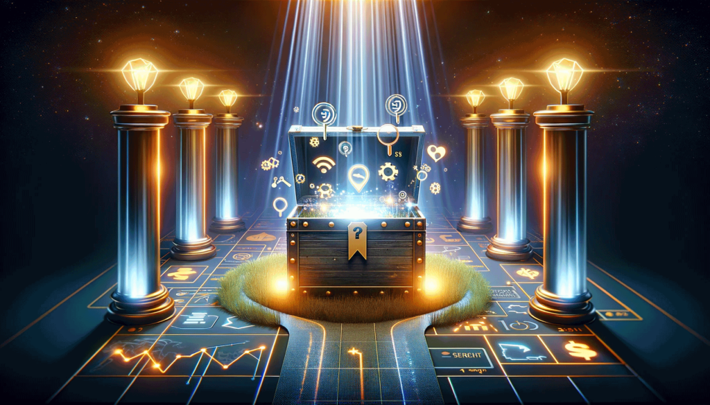 Image for 'Unlocking the Secrets of E-A-T - The Key to SEO Success' features a digital treasure chest, overflowing with symbols of SEO success