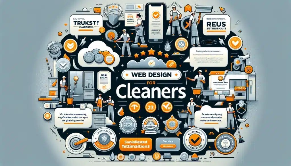 Image highlighting the variety of services offered by a cleaning company and trust signals like certifications, guarantees, and real customer testimonials