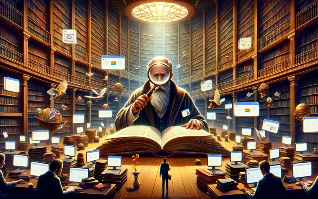 Image illustrating the importance of Expertise in Google's E-A-T principle for search quality. Picture a vast library filled with ancient books