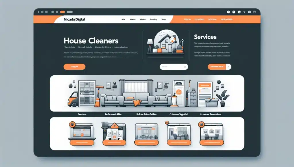 Image showcasing a clean, intuitive website layout for house cleaners. Highlight services, before-and-after galleries