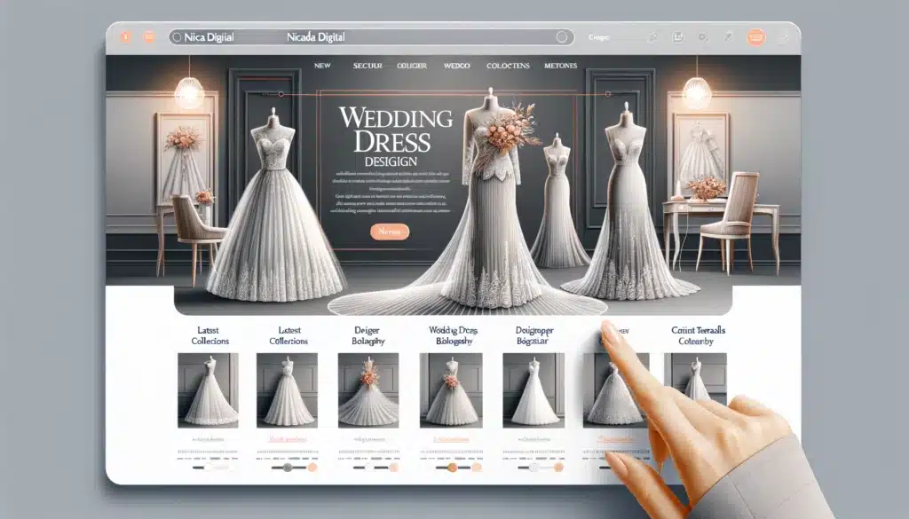 Image showcasing a web design for wedding dress designers, featuring a gallery of elegant wedding gowns