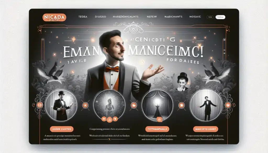 Image showcasing an enchanting website design for magicians. Highlight a magician's portfolio, including videos of performances