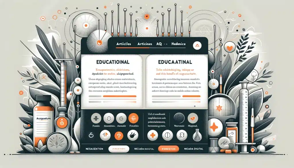 Image visualizing the educational aspect of an acupuncturist's website, featuring a user-friendly interface for articles, and FAQs, etc