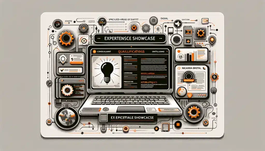 Image visualizing the expertise showcase aspect of an IT consultant's website, featuring a profile section with qualifications