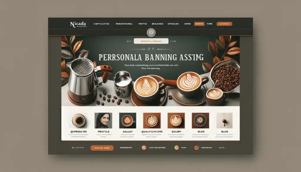 Image visualizing the personal branding aspect of a barista's website, featuring a profile section with qualifications and a gallery etc