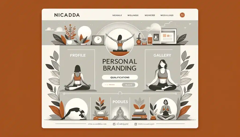 Image visualizing the personal branding aspect of a yoga instructor's website, featuring a profile section with qualifications