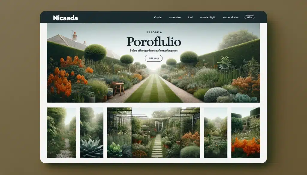 Image visualizing the portfolio aspect of a gardener's website, featuring a gallery of before and after garden transformation photos