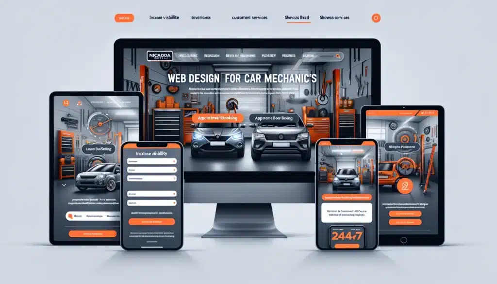 Responsive web design for a car mechanic's website displayed across multiple devices (desktop, tablet, and smartphone) set against the backdrop of a mechanic's garage setting