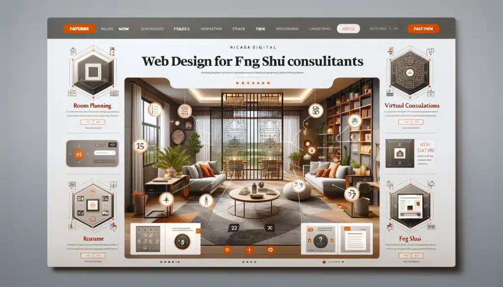 Showcasing engaging features and interactivity of a Feng Shui consultant's website, including interactive room planning tools, virtual consultations, etc