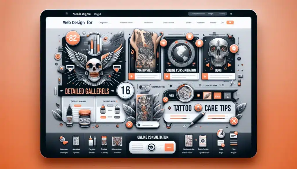 Showcasing the features and client engagement of a tattoo artist's website, including detailed tattoo galleries, online consultation booking, and more