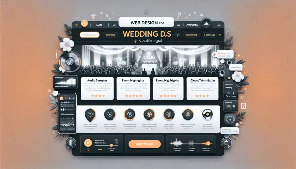 Showcasing the features and client testimonials of a wedding DJ's website, including audio samples, video highlights from past events, and rave reviews