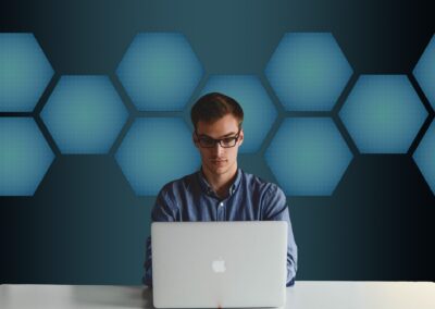 Businessman working on SEO at a laptop